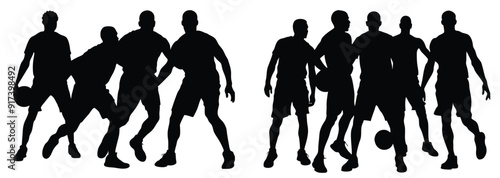 Dynamic silhouettes of basketball players in action, showcasing athleticism, movement, and energy, perfect for sports posters, team logos, and basketball-themed designs and artwork.