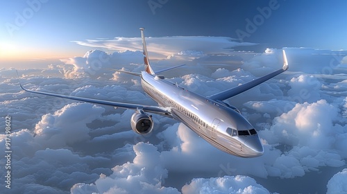 Airplane cruising above fluffy clouds at sunset