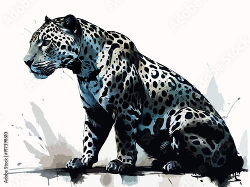 A majestic jaguar in rich golden and black tones prowling through the jungle, simple watercolor illustration isolated on a white background
