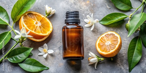 Overhead shot of a small brown bottle containing Neroli Essential Oil, essential oils, product photography, brown bottle