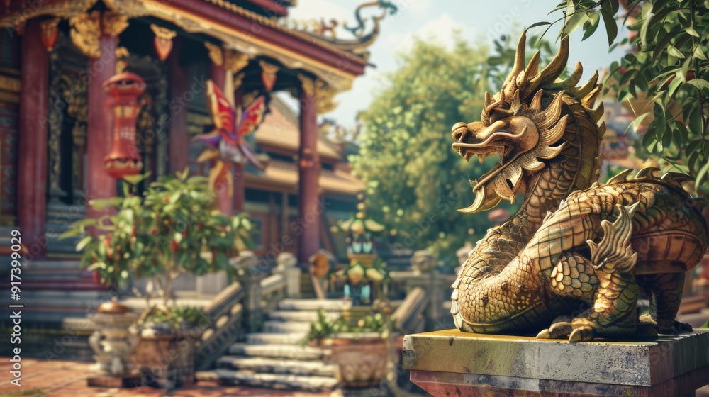 Fototapeta premium A golden dragon statue sits majestically in a lush temple garden, surrounded by traditional architecture and vibrant greenery.