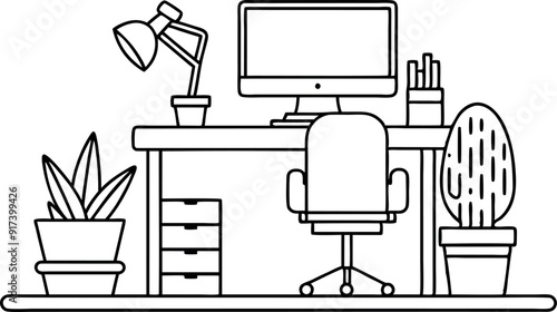 Black and White Illustration of a Home Office Desk Setup