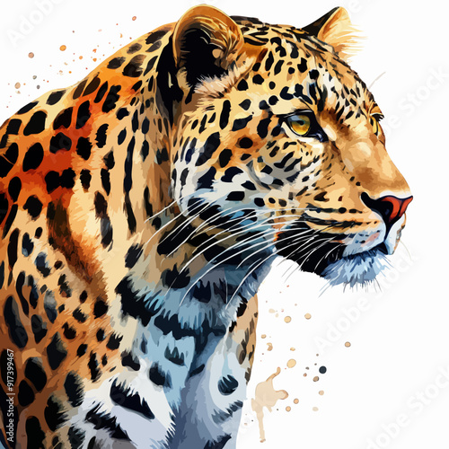 A majestic jaguar in rich golden and black tones prowling through the jungle, simple watercolor illustration isolated on a white background