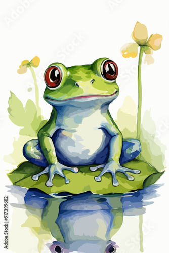 Watercolor Green Frog on a Leaf