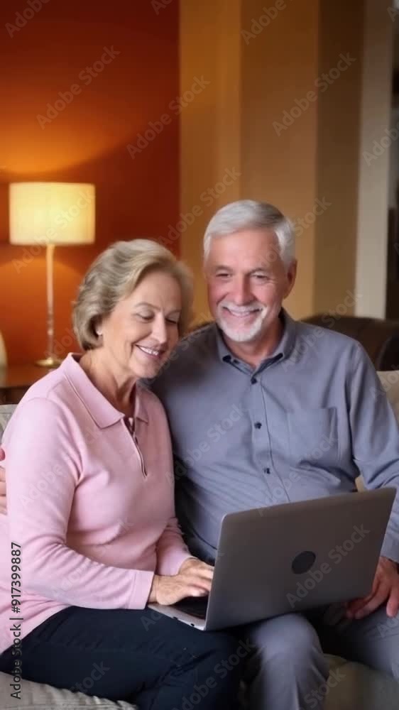 Retired smiling couple sitting together on a couch using a laptop. Retired smiling couple sitting together on a couch using a laptop.
