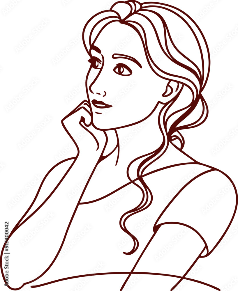Pensive Woman Line Drawing with Hand on Chin Pensive Woman Line Drawing with Hand on Chin