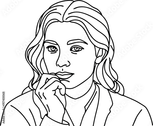 Black and White Line Art Portrait of a Thoughtful Woman