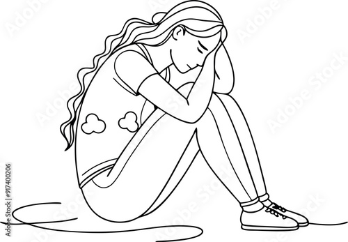 Lonely Girl Sitting and Hugging Knees in Contemplation