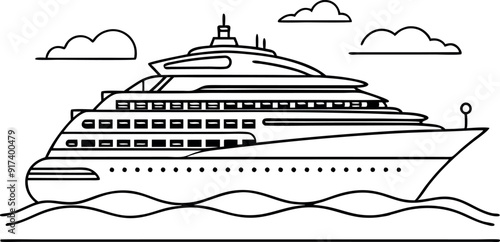 Black and White Outline of Luxury Cruise Ship at Sea
