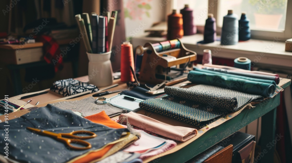 A neatly arranged sewing space filled with colorful fabrics, scissors, and threads, inviting creativity and craftiness. A neatly arranged sewing space filled with colorful fabrics, scissors, and threads, inviting creativity and craftiness.