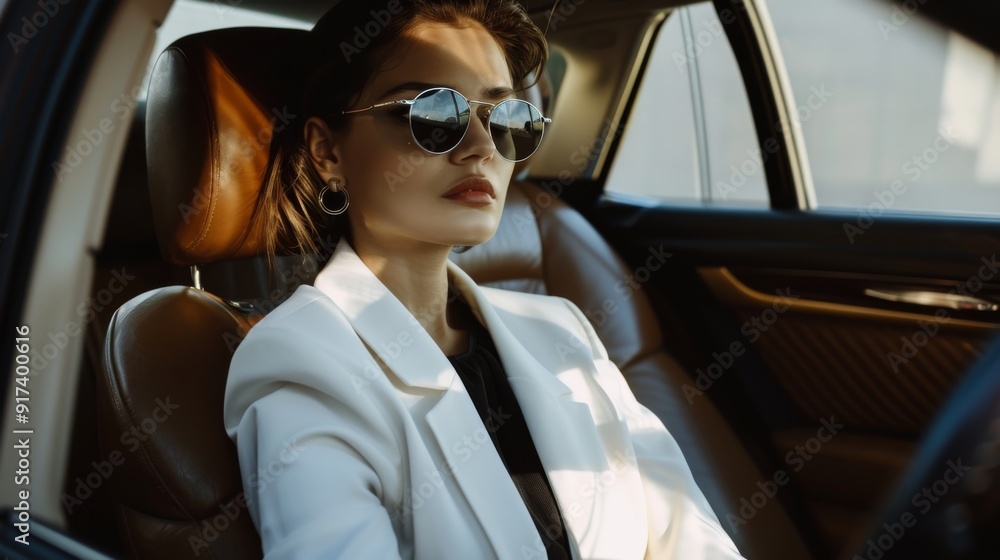 A composed individual, donned in a crisp white blazer and chic sunglasses, sits confidently in the luxurious interior of a car bathed in dappled sunlight. A composed individual, donned in a crisp white blazer and chic sunglasses, sits confidently in the luxurious interior of a car bathed in dappled sunlight.