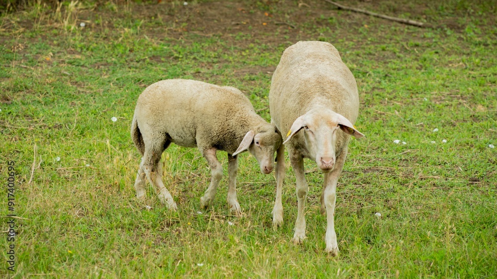 A mother sheep and her lamb graze on a lush green field, symbolizing rural life and nurturing care A mother sheep and her lamb graze on a lush green field, symbolizing rural life and nurturing care