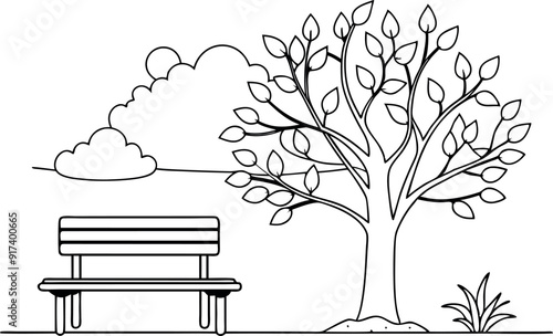 Minimalist Park Scene Line Art with Bench and Tree