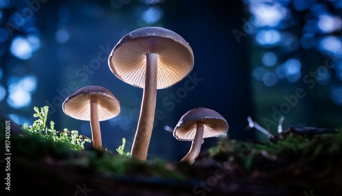 three mushrooms seen from below in a dark forest