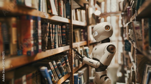 A robot stands in a library among shelves of books, bridging technology and literary knowledge.