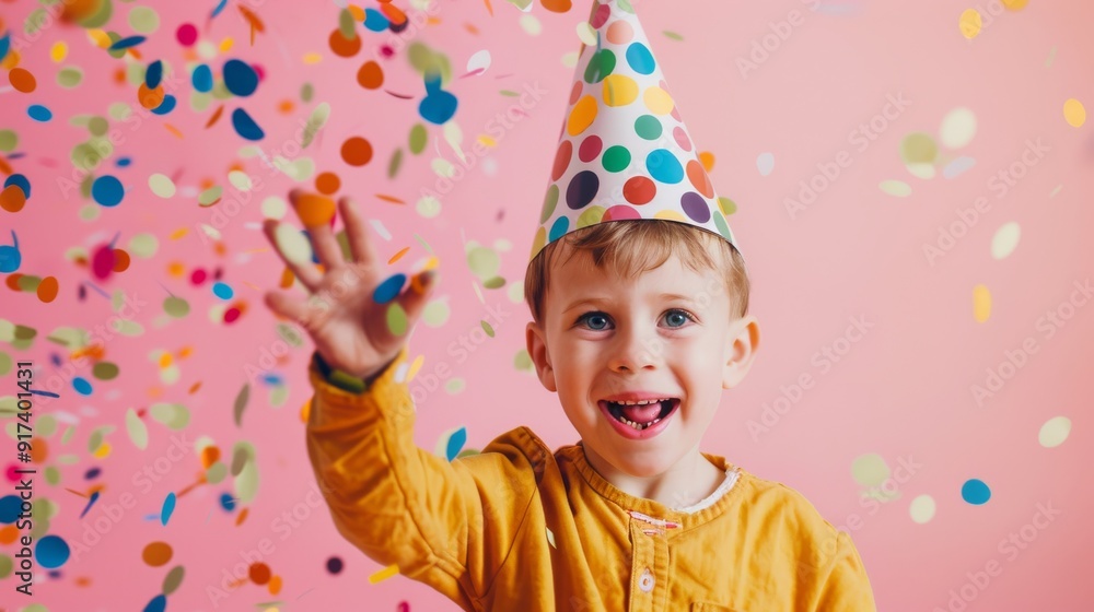 A smiling young boy in a yellow shirt celebrates as colorful confetti rains down on him, wearing a multicolored polka dot party hat. A smiling young boy in a yellow shirt celebrates as colorful confetti rains down on him, wearing a multicolored polka dot party hat.