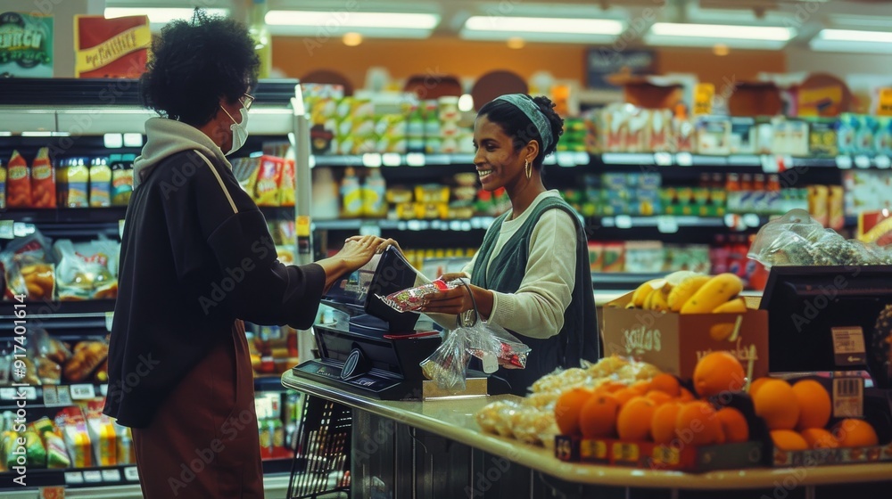 A friendly interaction between a cashier and a customer during a purchase, highlighting a moment of everyday kindness. A friendly interaction between a cashier and a customer during a purchase, highlighting a moment of everyday kindness.