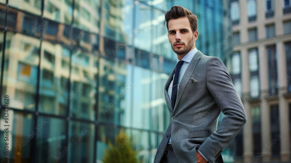 A stylish man in a tailored suit confidently stands in front of a modern glass building, exuding professionalism and confidence. A stylish man in a tailored suit confidently stands in front of a modern glass building, exuding professionalism and confidence.