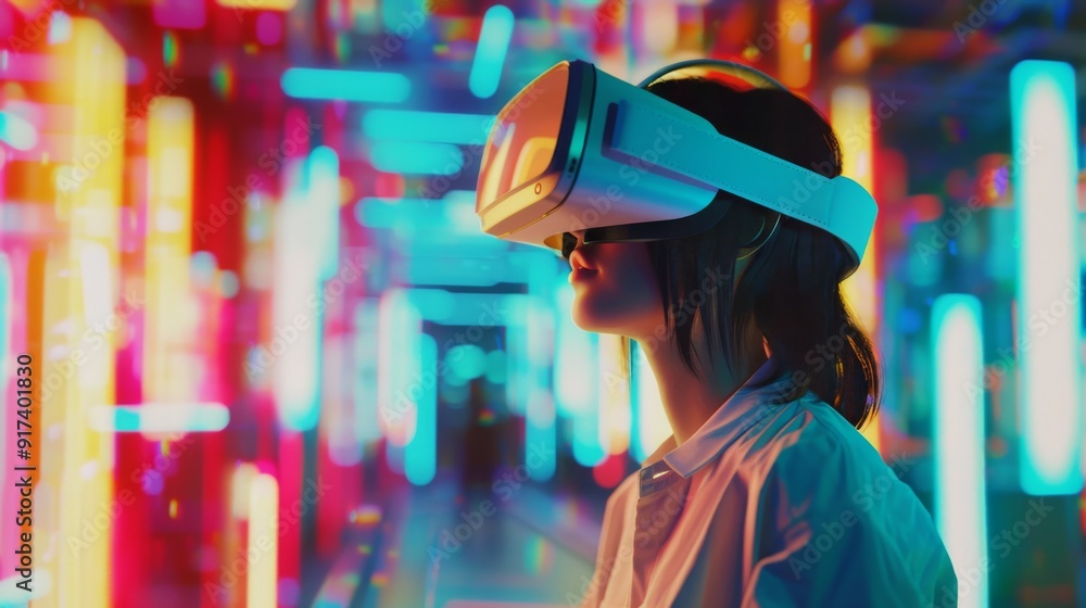 A person immersed in a vibrant virtual reality experience, surrounded by colorful lights, wearing a VR headset. A person immersed in a vibrant virtual reality experience, surrounded by colorful lights, wearing a VR headset.