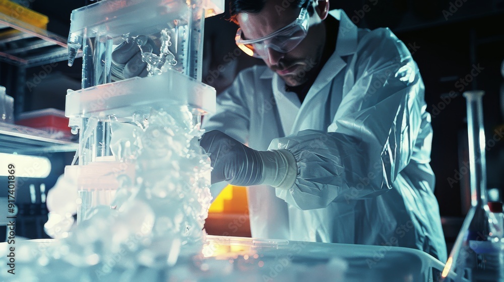 A scientist in a high-tech lab conducting a complex experiment involving crystallized structures, highlighting precision and innovation in scientific research. A scientist in a high-tech lab conducting a complex experiment involving crystallized structures, highlighting precision and innovation in scientific research.