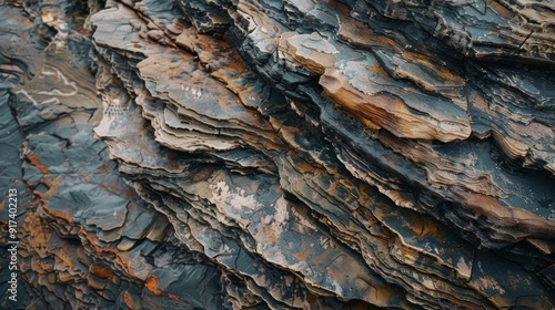 Rugged layers of metamorphic rock create an intricate pattern of texture and hues, highlighting the natural beauty of earth's geological formations.