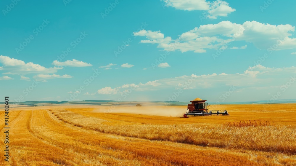 A solitary combine harvester in a vast golden wheat field under a clear sky, emphasizing agriculture and rural tranquility. A solitary combine harvester in a vast golden wheat field under a clear sky, emphasizing agriculture and rural tranquility.