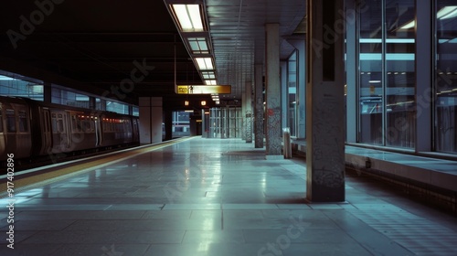 A deserted, dimly lit train station with an empty platform, evoking a sense of solitude and tranquility in the quiet ambiance.