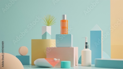 An artistic setup of modern skincare products displayed against soft pastel colored geometric shapes, blending elegance and minimalism. photo