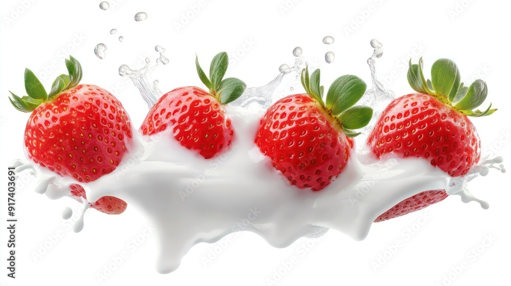 Fresh strawberries in milk splashes isolated on white created with Generative AI Fresh strawberries in milk splashes isolated on white created with Generative AI