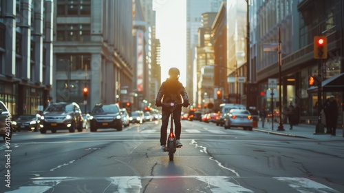 A person rides an electric scooter through an urban street bustling with traffic, capturing the essence of city living and modern transport.