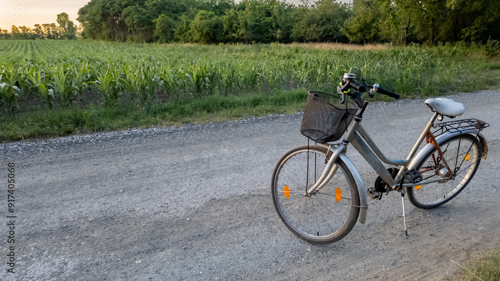 A lone bicycle rests on a scenic country dirt road beside a cornfield, embodying rural tranquility and summer adventures A lone bicycle rests on a scenic country dirt road beside a cornfield, embodying rural tranquility and summer adventures