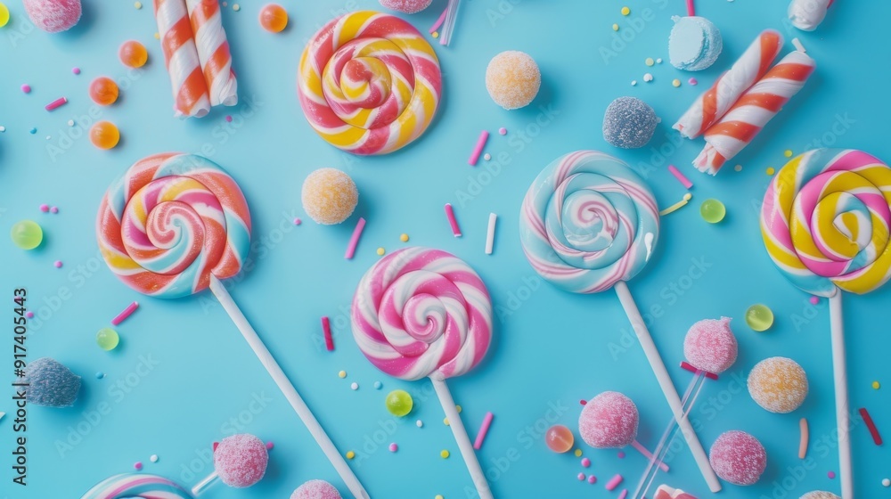 Close-up of various vibrant and colorful lollipops scattered on a bright blue background. Close-up of various vibrant and colorful lollipops scattered on a bright blue background.