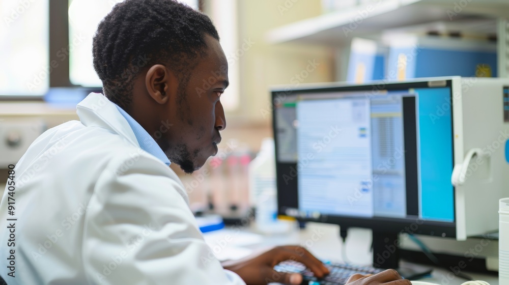 Fototapeta premium A scientist intensely focused on his computer screen amidst the bustle of a well-equipped lab, representing dedication and discovery.