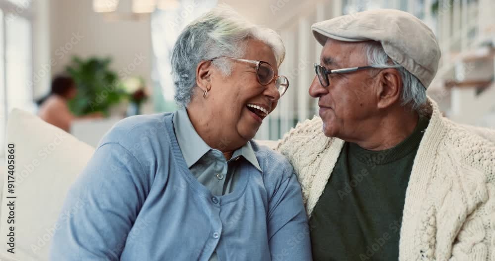 Elderly, couple and laughing with hug on sofa in home with bonding, funny joke or commitment in marriage. Senior, people and portrait in happy relationship with loyalty, love or relax with retirement Elderly, couple and laughing with hug on sofa in home with bonding, funny joke or commitment in marriage. Senior, people and portrait in happy relationship with loyalty, love or relax with retirement