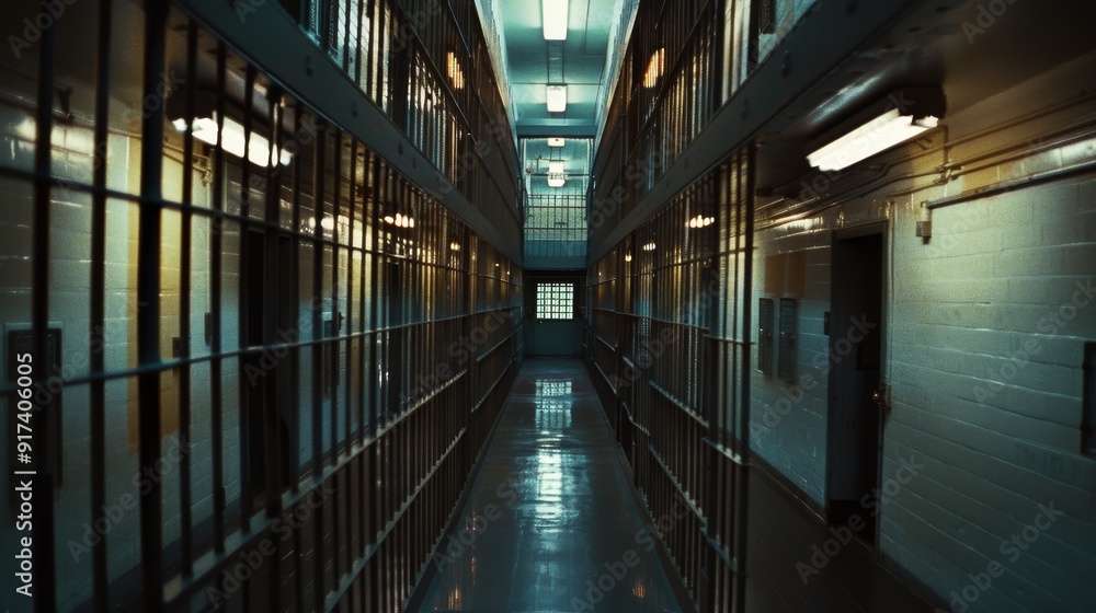 A dimly lit hallway in a deserted prison evokes a sense of eerie desolation and the haunting atmosphere of confinement and isolation. A dimly lit hallway in a deserted prison evokes a sense of eerie desolation and the haunting atmosphere of confinement and isolation.