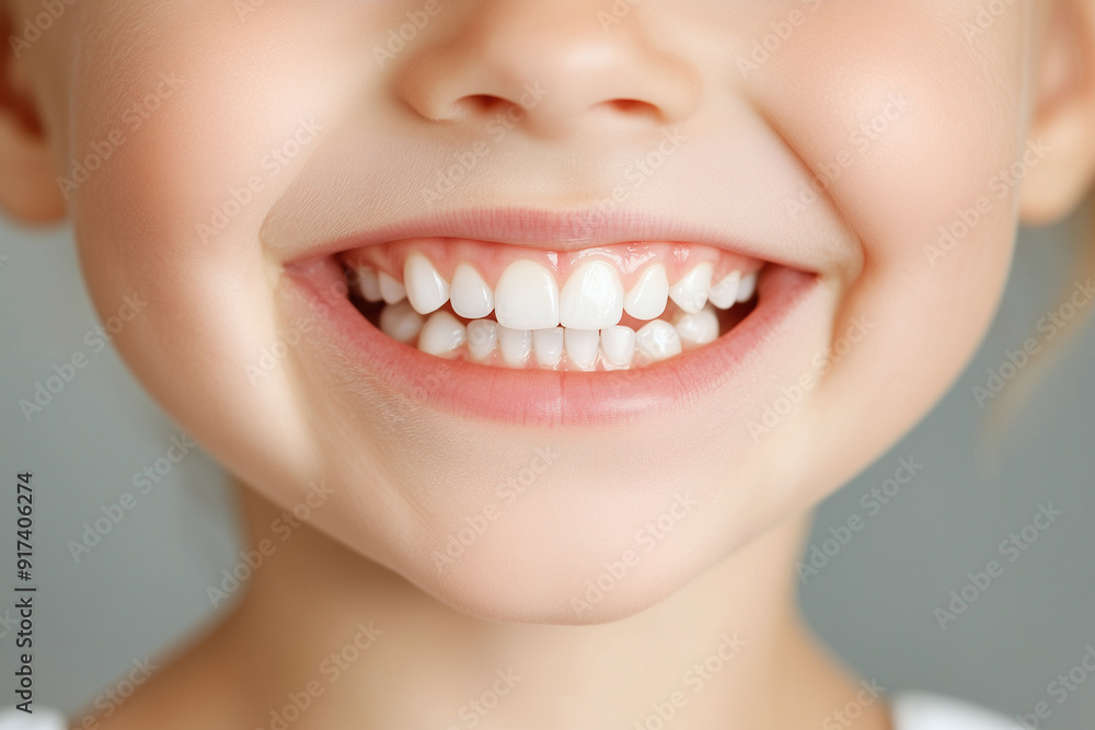 Close up of a beautiful little child's smile with white teeth on a blue background. Header image with space for text. Close up of a beautiful little child's smile with white teeth on a blue background. Header image with space for text.