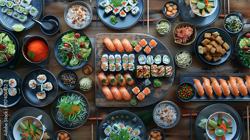 Japanese restaurant dinner table spread in top-down view, array of beautifully plated sushi, sashimi, tempura, surrounded, fresh salads, traditional Japanese food