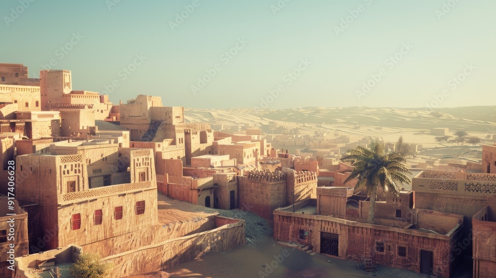 Fototapeta premium An expansive view of a desert town with traditional buildings interspersed with palm trees, backed by rolling sand dunes.