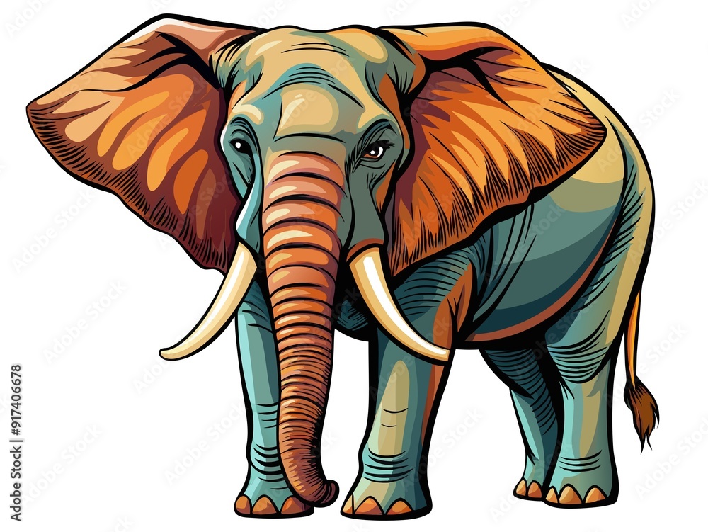 A colorful illustration of an elephant with large ears and tusks, showcasing a vibrant color palette of blue, orange, and green. The elephant stands confidently, with a detailed texture on its skin. A colorful illustration of an elephant with large ears and tusks, showcasing a vibrant color palette of blue, orange, and green. The elephant stands confidently, with a detailed texture on its skin.