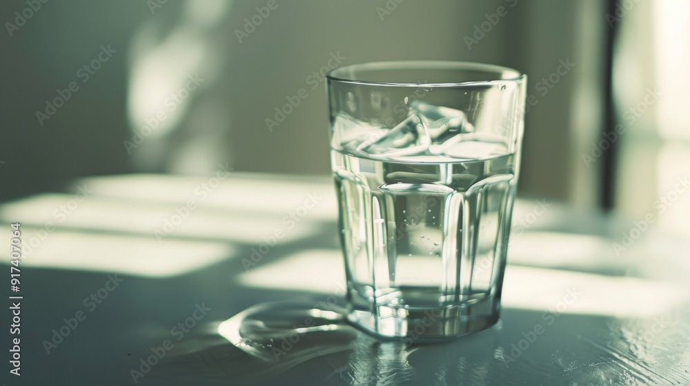 A close-up of a glass of water with ice catching the sunlight, creating a refreshing and serene image high in simplicity and clarity. A close-up of a glass of water with ice catching the sunlight, creating a refreshing and serene image high in simplicity and clarity.