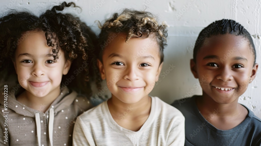 Three young children with cheerful smiles, standing against a light background, radiating joy, innocence, and a sense of friendship. Three young children with cheerful smiles, standing against a light background, radiating joy, innocence, and a sense of friendship.