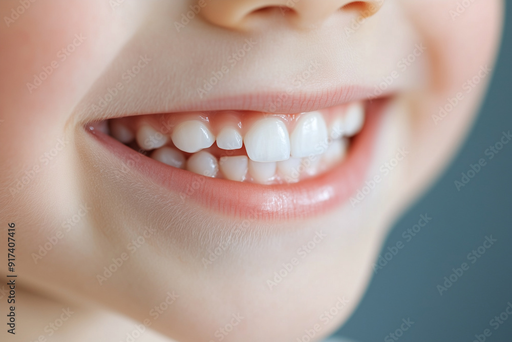 Fototapeta premium Close up of a beautiful little child's smile with white teeth on a blue background. Header image with space for text.