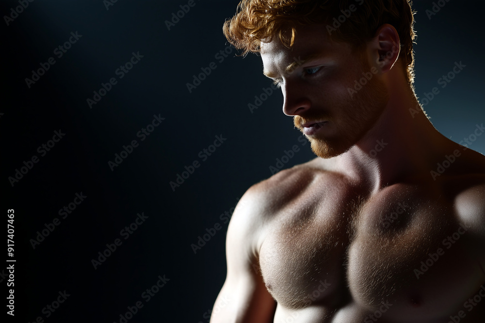 Thoughtful Young Man with Red Hair in Dramatic Low-Key Lighting, Fitness Model Thoughtful Young Man with Red Hair in Dramatic Low-Key Lighting, Fitness Model