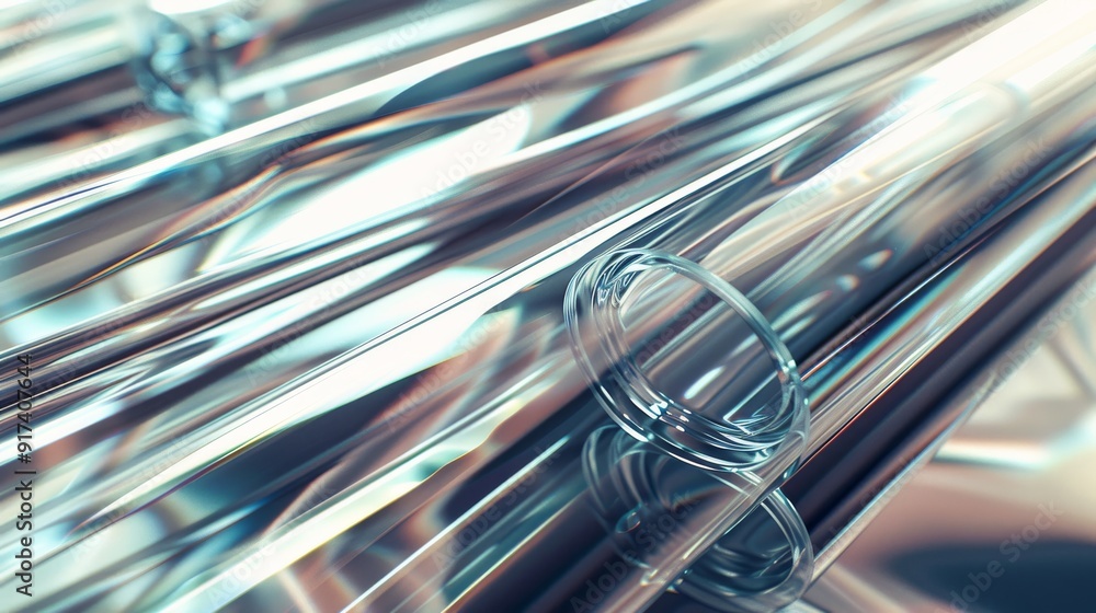 An artistic close-up image of transparent glass test tubes with reflections, creating a futuristic, sleek, and pristine look. An artistic close-up image of transparent glass test tubes with reflections, creating a futuristic, sleek, and pristine look.