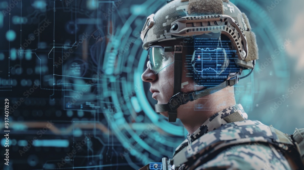 A soldier equipped with advanced technology, featuring a high-tech helmet with holographic displays, preparing for a futuristic mission. A soldier equipped with advanced technology, featuring a high-tech helmet with holographic displays, preparing for a futuristic mission.