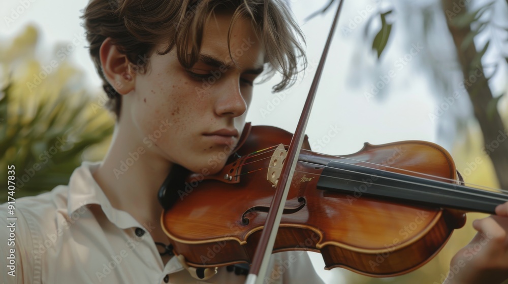 A young man intensely focused, playing a violin outdoors, surrounded by soft light and blurred green foliage. A young man intensely focused, playing a violin outdoors, surrounded by soft light and blurred green foliage.