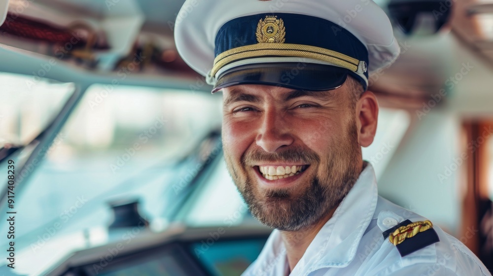 Smiling ship captain in uniform at the helm of a vessel, radiating confidence and composure. Smiling ship captain in uniform at the helm of a vessel, radiating confidence and composure.