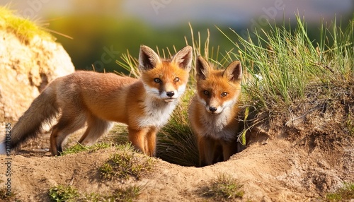 wild red fox brothers near the burrow photo