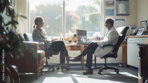 A patient and a doctor engage in conversation during a consultation in a bright, modern office.