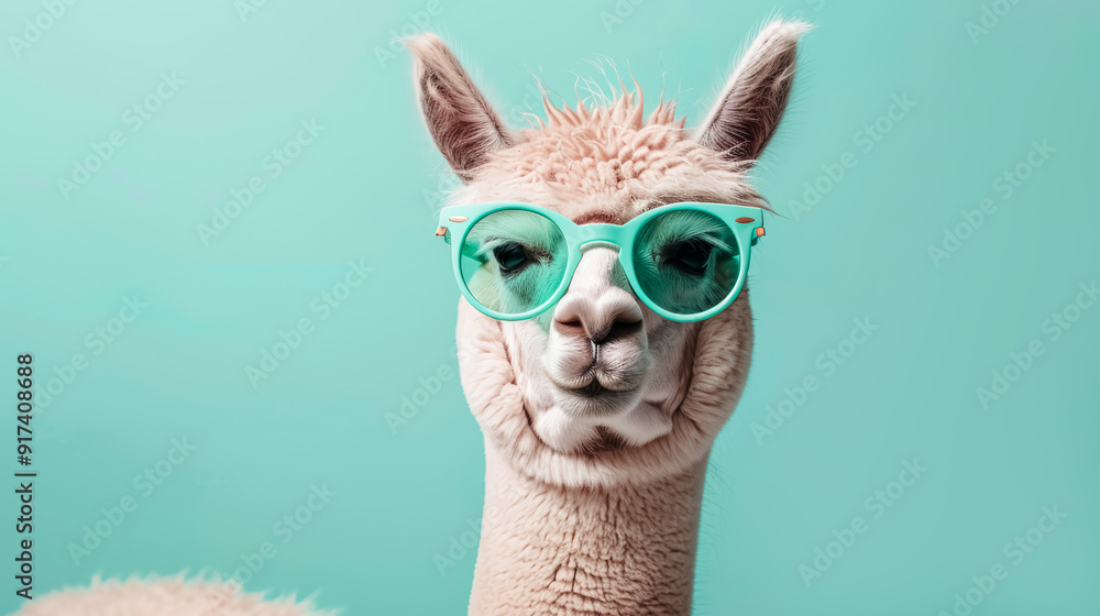 Fototapeta premium Lama alpaca in mint sunglasses isolated on mint background with copy space